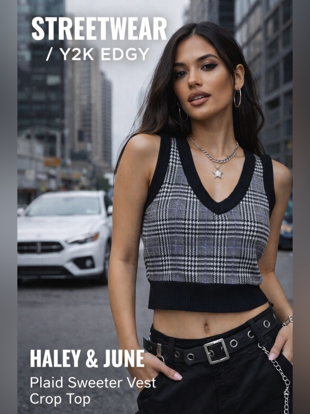 Molly & Rose Plaid Sweater Vest Crop Top